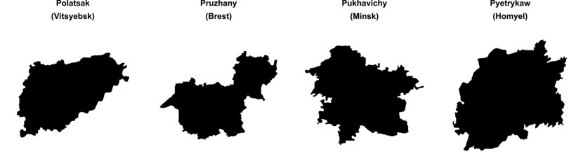 Fototapeta premium Polatsak, Pruzhany, Pukhavichy, Pyetrykaw outline maps