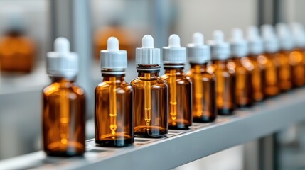 A neat row of amber glass dropper bottles, showcasing a clean and organized display, likely used for essential oils or medicinal liquids.