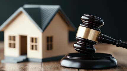A wooden gavel is positioned next to a small model house, symbolizing legal matters concerning real estate or property law.