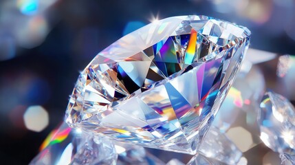 Sparkling Transparent Diamond Gemstone on Shimmering Surface with Colorful Reflections and Beautiful Bokeh Background for Luxury and Elegance Themes