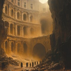 Ancient, sandstone amphitheater carved into a cliff face, figures walk towards a dark entrance.