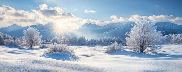 Snowy landscapes nature idea. Breathtaking winter landscape with snow-covered mountains and frosted trees under a bright sky.