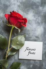 Fototapeta premium Minimalist Valentine's Day decoration with single red rose on a white background, perfect for conveying love and elegance in holiday-themed visuals