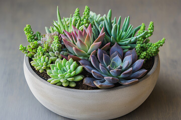 Fototapeta premium A bowl of succulents with a variety of colors and textures