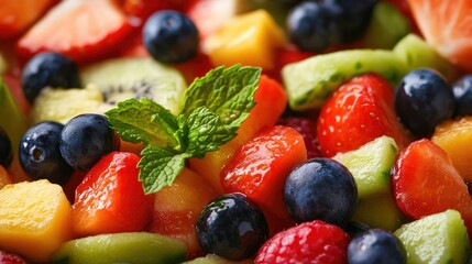Obraz premium Fresh and Colorful Fruit Salad Featuring Strawberries, Blueberries, Kiwi, Honeydew, Watermelon, and Mint Leaf for a Healthy and Vibrant Dietary Choice