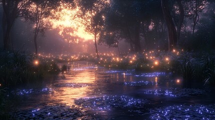 Fototapeta premium Magical sunset river, fireflies, misty forest. Background peaceful fantasy scene. Use fantasy art, game design