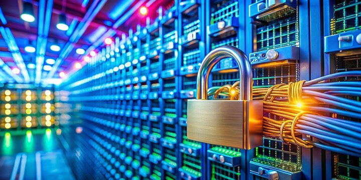 Cybersecurity Compliance: Protecting Data with Robust Security Measures.  A High Depth of Field image showcasing secure server room, padlock, and digital data streams.