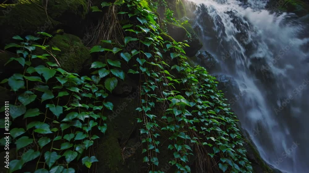 Poster majestic waterfall cascading down lush green rocks in a serene forest setting at midday