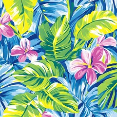 Bright tropical leaf pattern in teal and lime with a modern design.