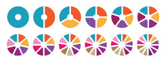 Pie chart set, segmented circle icons, circle diagram. Pie chart divided 1,2,3,4,5,6,7,8,9,10,11,12 equal parts. Infographic wheel segment or section part shapes.