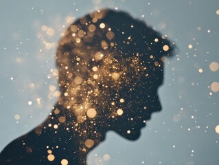 Silhouette of male with golden light particles against dusky blue background