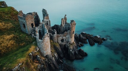 Naklejka premium Coastal Castle Ruins Dramatic Ocean View