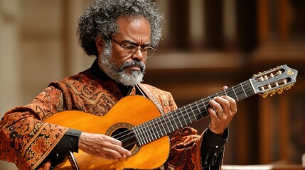 Obraz premium A Talented Guitarist Performing Classical Music on Stage: Musical Passion and Skill in a Captivating Concert
