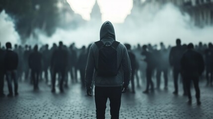 Lone protester facing city riot, smoke, unrest