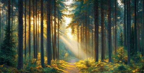 Tranquil Spring Forest with Sunlight Filtering through Pine Trees