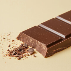 Snapped dark chocolate bar isolated on a muted beige background