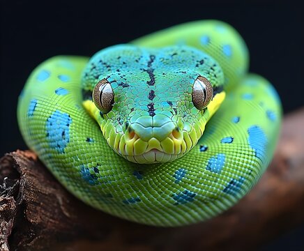 Close-up of a green tree python on a branch in the wild