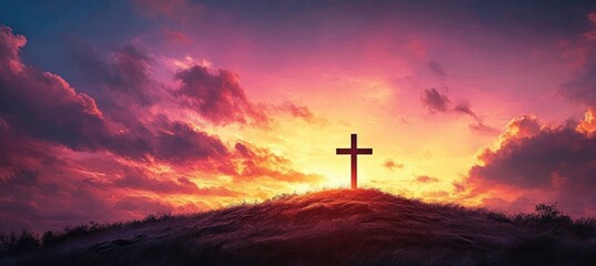 Serene Sunset Landscape with Silhouetted Cross on Hilltop