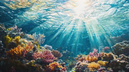 Fototapeta premium An underwater scene with sunlight filtering through rippling water, surrounded by vibrant coral reefs.