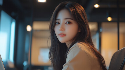 Young woman with long hair in modern indoor setting during afternoon hours