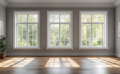 Obraz premium Scandinavian Minimalist Interior Room with Large Windows and Natural Light