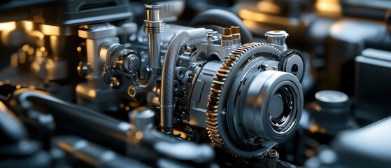 Fototapeta premium A close-up view of a detailed, metallic camera lens mechanism, showcasing intricate gears and components in a modern, high-tech environment.