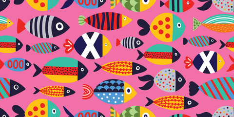 Cute funny fish on pink background.  Can be used in textile industry, paper, background, scrapbooking.