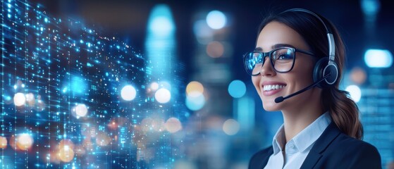 A professional woman in a headset smiles confidently, surrounded by a digital cityscape, representing technology and customer service.