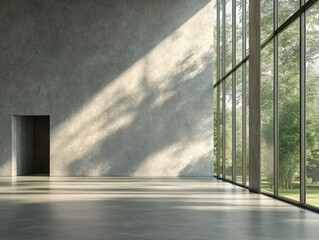 Obraz premium Modern Minimalist Loft Space with Large Windows and Nature View