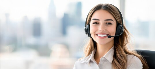 A smiling woman in a headset sits at a desk, ready to assist, with a cityscape visible in the background.