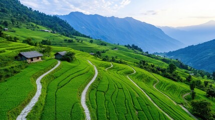 Obraz premium Mountain village nature concept. Stunning aerial view of lush green rice terraces and mountains under a serene sky.