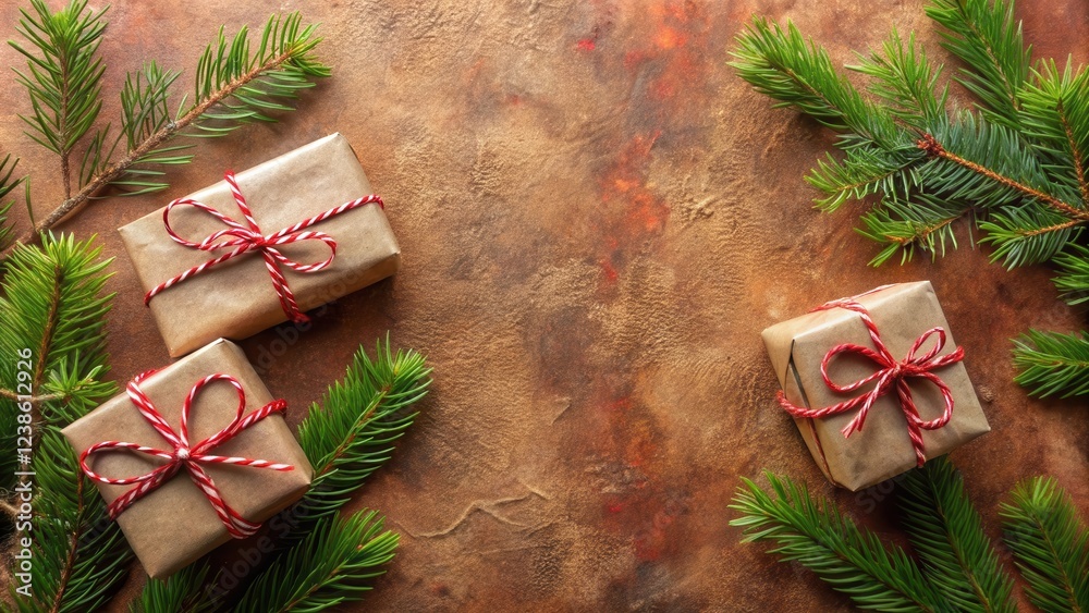 Aufkleber rustic holiday background featuring wrapped presents and evergreen branches