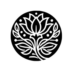 Elegant Black and White Floral Circle Design: Botanical Illustration, Minimalist Flower Pattern, Nature-Inspired Graphic