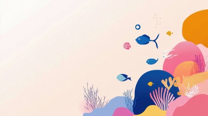 Obraz premium Vibrant Underwater World Illustration Featuring Colorful Sea Creatures and Marine Plants Against a Soft Background for Use in Creative Various Projects