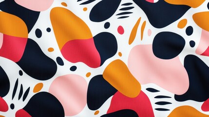 A vibrant abstract pattern featuring colorful organic shapes on a white background, mixing red, orange, pink, and dark tones.