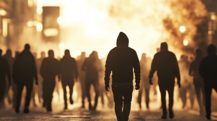 Man walks away from city riot, night