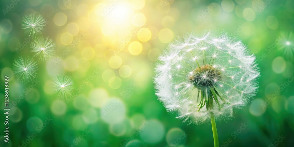Poster A Single Dandelion Seed Head with Seeds Dispersing in a Soft Green Bokeh Background