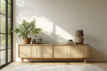 Scandinavian Wooden Sideboard Minimalist Interior Scene Natural Light