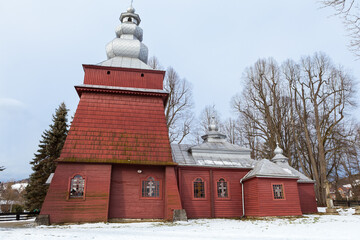 Historic wooden Lemko Orthodox church in Tylicz from 1743, dedicated to Saints Kosmas and Damian. 