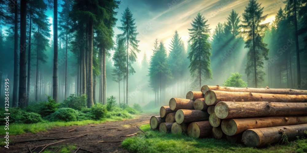 Poster Misty Forest Path with Stacked Logs at Dawn