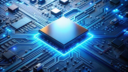 Fototapeta premium Technological component on blue circuit board with soft glowing light effects, electronic component, technology