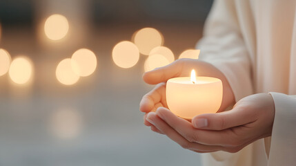 A woman's hands gently holding a glowing candle in a peaceful atmosphere, perfect for themes of meditation, spirituality, wellness, or relaxation-focused designs. Selective focus