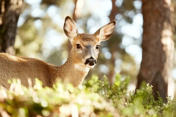 Wild deer gazing among the trees in a forest setting during daylight hours