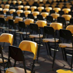 Fototapeta premium Empty Chairs with Caps and Gowns Symbolizing