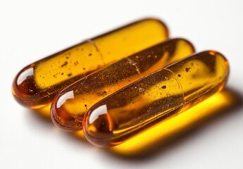Naklejka premium Three amber colored capsules lie on a white background, illuminated with a soft light. The capsules are oblong and translucent, showing the liquid