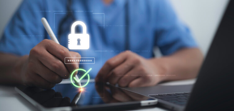 Medical professional securing digital healthcare data, showcasing security and privacy protection in the modern medical industry. Highlighting encryption, authentication and secure access solutions