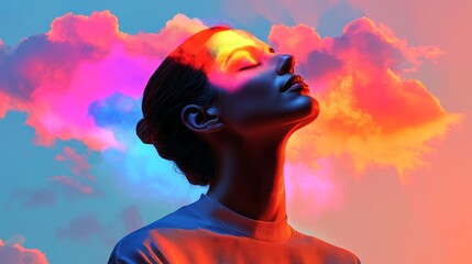 Ethereal Woman with Colorful Clouds in Dreamy Artistic Portrait