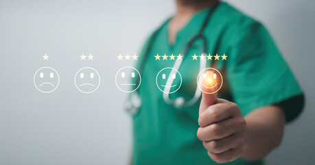 Doctor giving a five-star rating, symbolizing healthcare service quality and patient satisfaction....