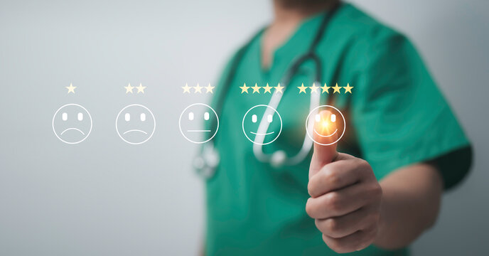 Doctor giving a five-star rating, symbolizing healthcare service quality and patient satisfaction. importance of feedback, trust, and excellence in medical care