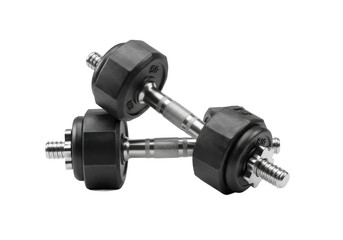 A pair of black gym dumbbells with visible weight markings, resting on a white surface, isolated on a white background